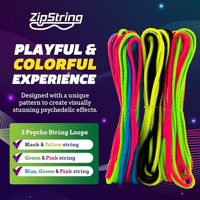 Three bundles of neon pink, green, blue, yellow, and black string loops against a purple cosmic graphic background.