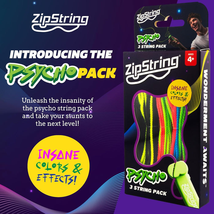 ZipString Psycho Pack black box displaying neon strings through a window against a wavy purple background.