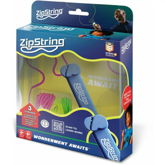 Blue handheld string launcher in a colorful box with pink, yellow, and lime green string loops that float in mid-air.