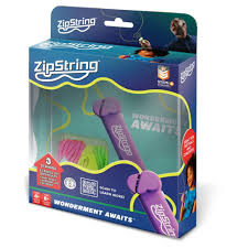Handheld purple string shooter and neon pink and green strings in a blue retail box with a clear front window.