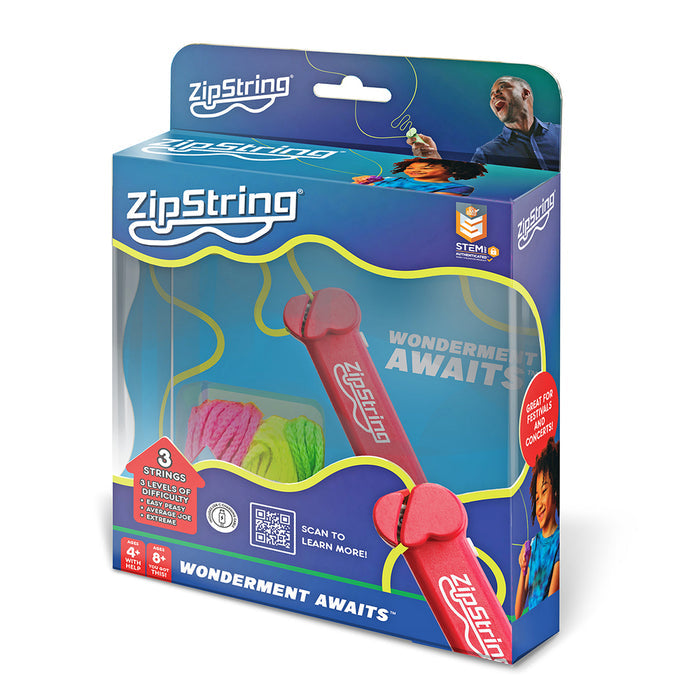 Red ZipString shooter in blue retail packaging with neon strings and action photos of people playing.
