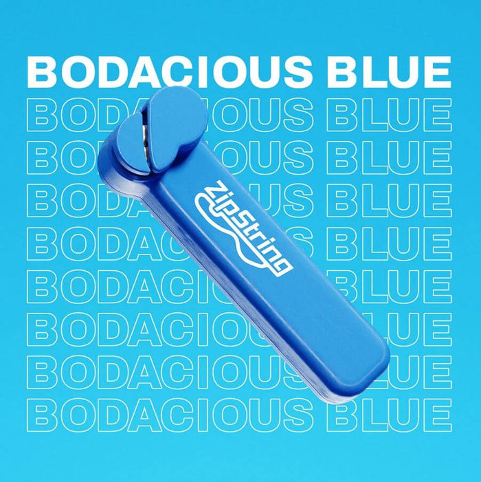 Bright blue handheld ZipString toy on a light blue background with BODACIOUS BLUE repeating in white text.