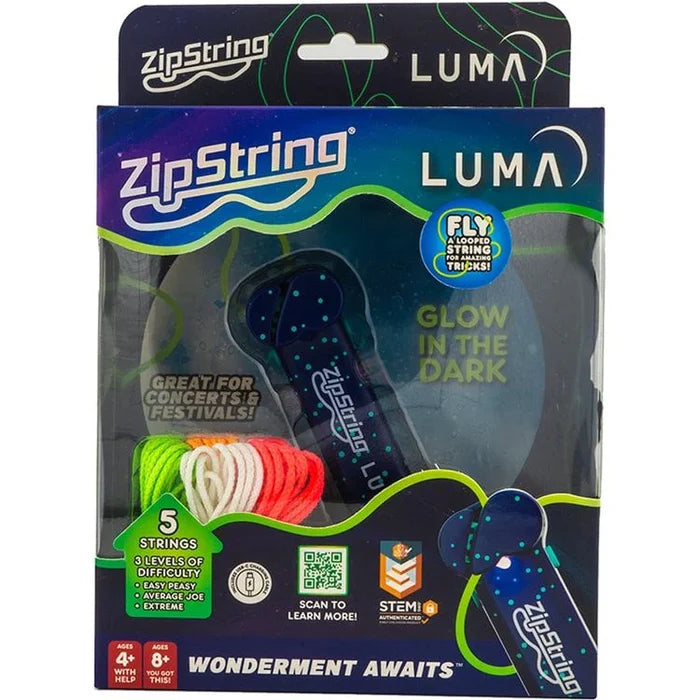 ZipString Luma box showing a blue glow-in-the-dark string launcher and five neon-colored looped strings.