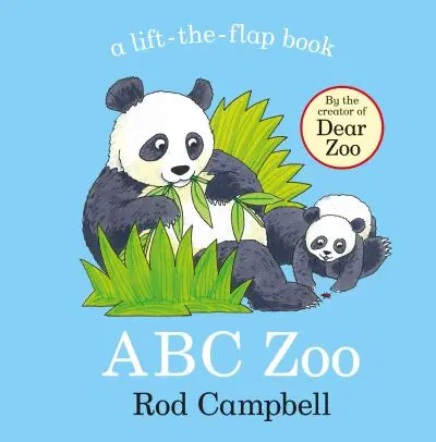 ABC Zoo lift-the-flap book cover with a mother and baby panda eating bamboo against a light blue background.