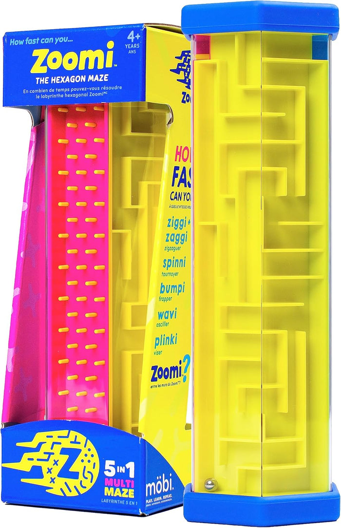 Tall hexagonal maze toy with yellow channels, a pink obstacle wall, and blue caps, shown in and out of packaging.
