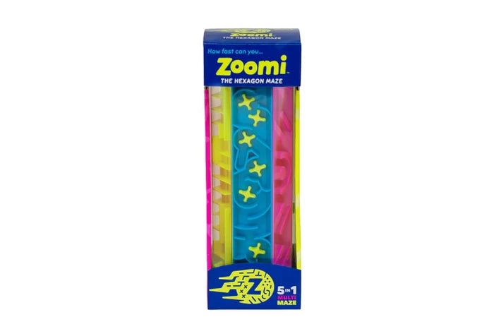 Brightly colored blue, yellow, and pink hexagonal maze toy inside a tall blue box with a clear display window.