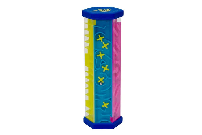 Clear hexagonal prism toy with blue caps and interior maze tracks in pink, yellow, and blue with a small silver ball.